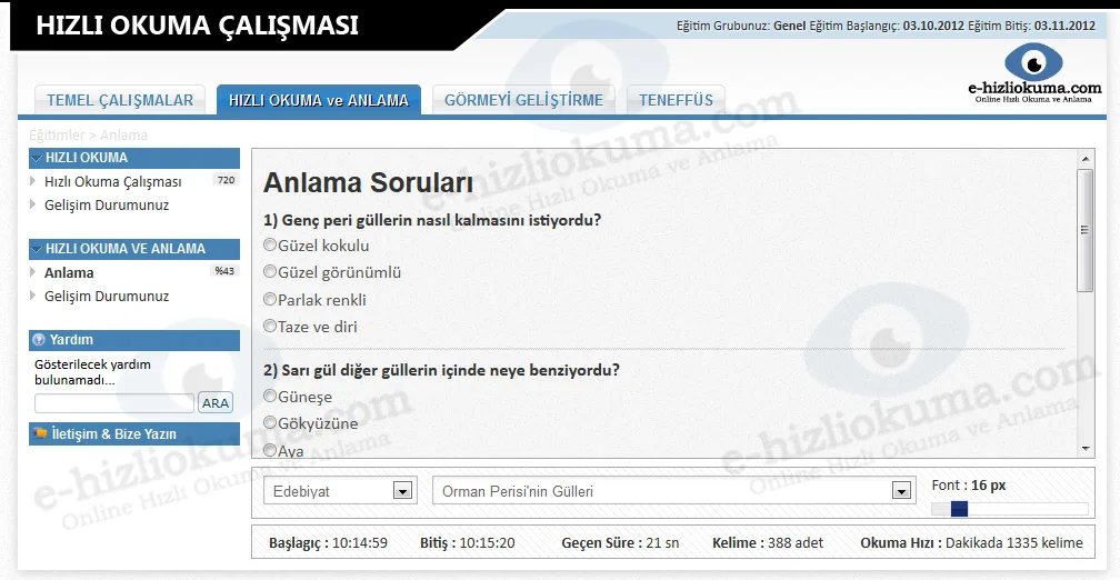 HızlıOku anlama soruları ekranı