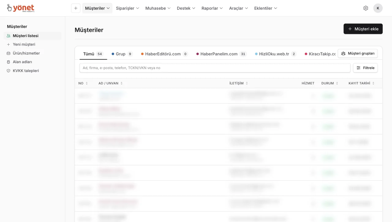 TeknoparkCRM müşteri listesi: ürün grubu sekmeleri, arama ve filtre, hizmet ve durum sütunları (müşteri ve kişi adları, iletişim bilgileri ve tutarlar gizlenmiştir)